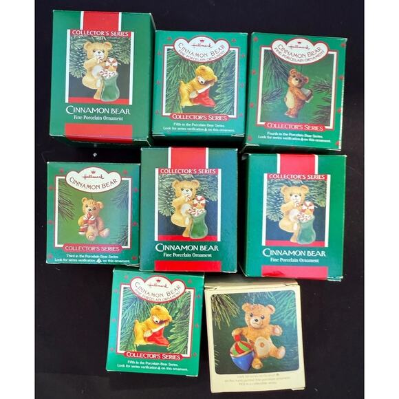 8 Vintage 1980’s Hallmark Ceramic Cinnamon Bear Ornament Lot All Mint! -36D - Picture 1 of 7